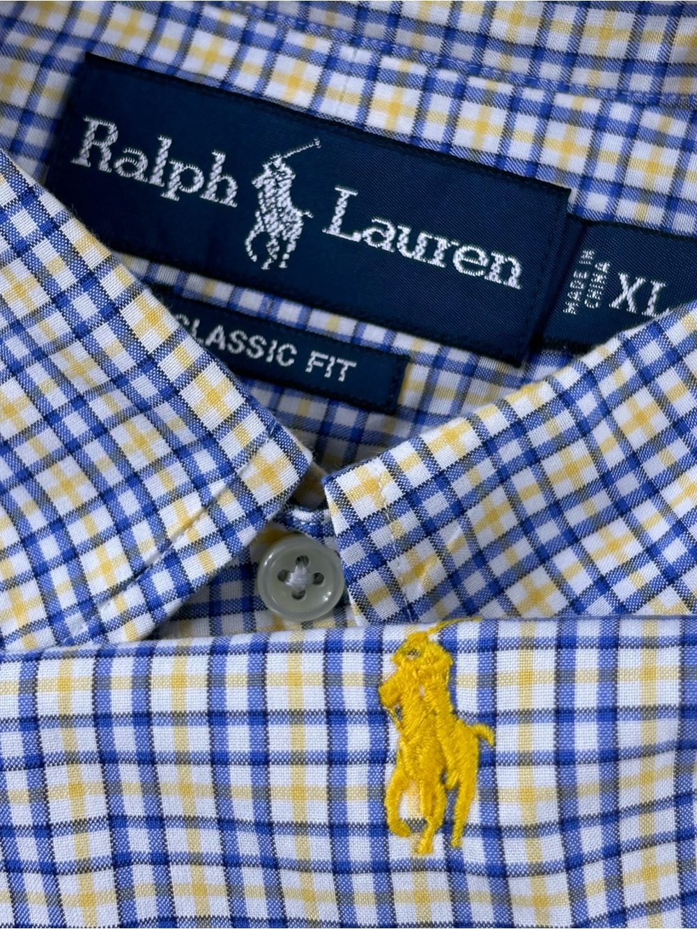 Ralph Lauren Polo Shirt Long Sleeve Dress Mens XL Blue Yellow Plaid Classic Fit